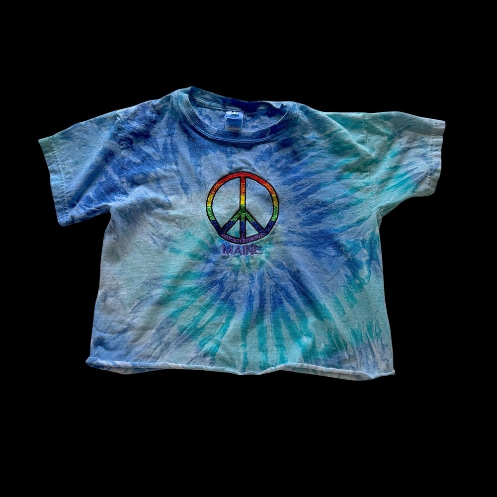 90's Colortone Maine Peace Sign Tie Dye Crop Top T-Shirt Blue Youth M Women's Sm